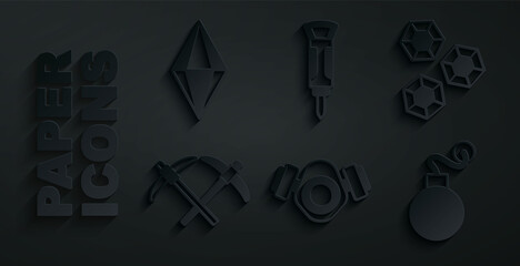 Set Gas mask, Gem stone, Pickaxe, Bomb, Construction jackhammer and icon. Vector