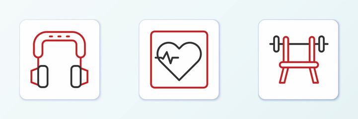 Set line Bench with barbell, Headphones and Heart rate icon. Vector