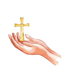 Watercolor illustration of prayer hands. Beads with a cross the hands