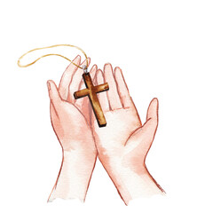 Watercolor illustration of prayer hands. Beads with a cross the hands