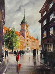 People walking in the old town. In the background, the Royal Castle in Warsaw, Poland. Picture created with watercolors.