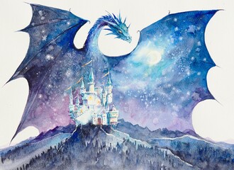 Castle guard. White castle on a hill,
in the background a huge dragon, spreading its wings like the night sky. Watercolors illustration on paper. - 483046187