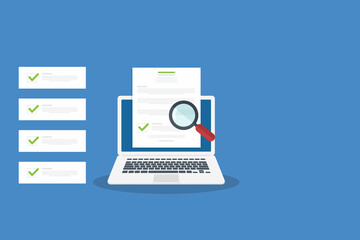 Online digital document inspection or assessment evaluation on laptop computer, contract review, analysis, inspection of agreement contract, compliance verification.