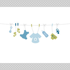 H&auml;ngende Babysymbole Junge Retroblau Olivgr&uuml;n Kanten Punkte Grau