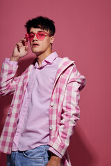 Photo of romantic young boyfriend pink shirt and glasses jacket fashion elegant style Lifestyle unaltered