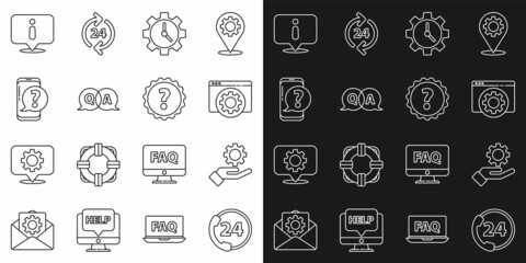 Set line Telephone 24 hours support, Settings in the hand, Browser setting, Time Management, Question Answer, Mobile with question, Information and mark icon. Vector
