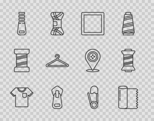 Set line T-shirt, Textile fabric roll, Sewing Pattern, Zipper, Hanger wardrobe, Safety pin and thread icon. Vector