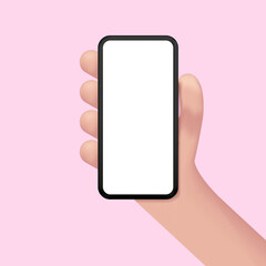 3D hand holding mobile phone. Cellphone in cute 3d hand mock up. Trendy design mockup. Smartphone blank empty screen in modern hands palm template.