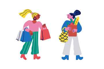 Two fashionable women with shopping bags talking.