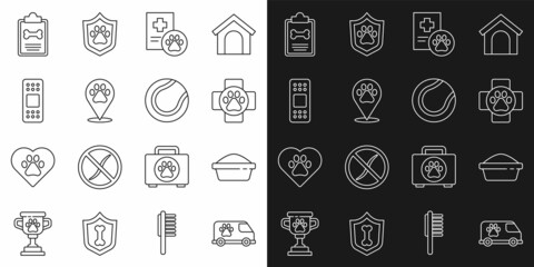 Set line Veterinary ambulance, Pet food bowl, clinic, Clinical record pet, Location veterinary, Bandage plaster, and Tennis ball icon. Vector