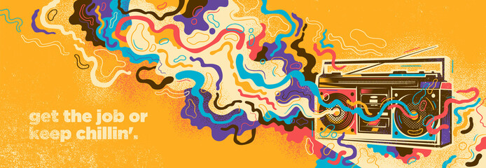 Abstract lifestyle graffiti design with retro radio and colorful splashing shapes. Vector illustration.