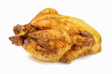 whole roasted chicken on white background 