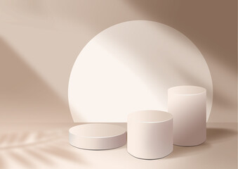 Beige product background stand or podium pedestal on advertising display with blank backdrops. 3D rendering. Leaves shadow