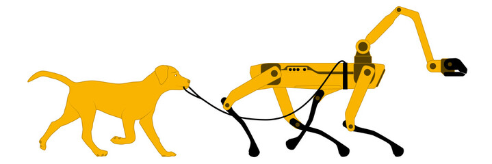 The dog walks on a leash robot dog. The concept of robotic assistants