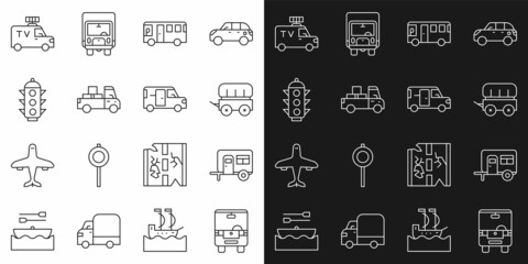 Set line Bus, Rv Camping trailer, Wild west covered wagon, Delivery truck, Traffic light, TV News car and Minibus icon. Vector
