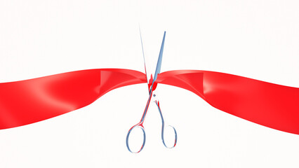 Une paire de ciseaux coupant un ruban rouge sur fond blanc symbolisant le début d'une cérémonie. Rendu 3D.
