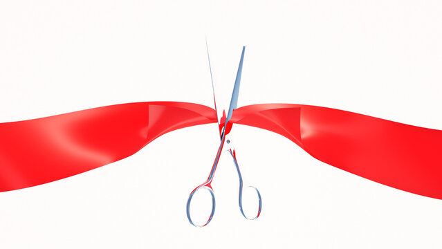 Une paire de ciseaux coupant un ruban rouge sur fond blanc symbolisant le d&eacute;but d'une c&eacute;r&eacute;monie. Rendu 3D.

