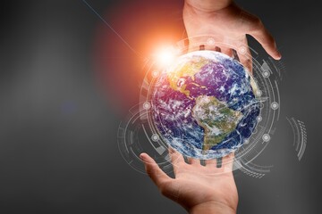 Hand pass clean energy, sustainable environment protection earth globe to generation with energy resources icon.