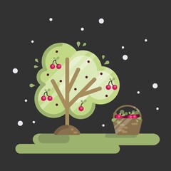 Vector cute flat illustration with garden, berry tree and ripe cherry on black background. 