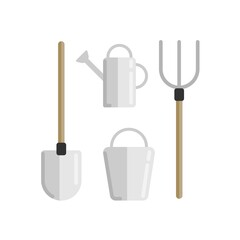 Vector set with illustration of farm and garden tools, shovel, bucket, can, pitchfork. 