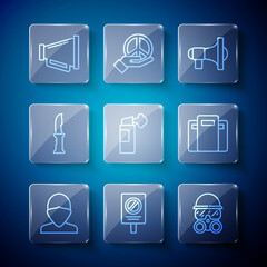 Set line Vandal, Protest, Gas mask, Megaphone, Pepper spray, Military knife, and Police assault shield icon. Vector