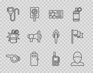 Set line Whistle, Vandal, Police badge, assault shield, Walkie talkie, Megaphone, and Location marker icon. Vector