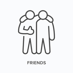 Friendship flat line icon. Vector outline illustration of two hugging buddies. Black thin linear pictogram for social interaction