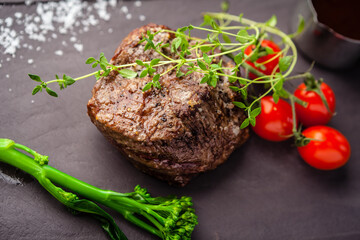 Estonian beef tenderloin steak. Delicious healthy traditional food closeup served for lunch in modern gourmet cuisine restaurant