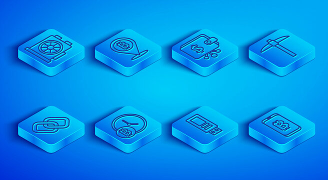 Set line Video graphic card, Bitcoin, Cryptocurrency wallet, with clock, USB flash drive, Pickaxe, Chain link and Mining bitcoin from mobile icon. Vector