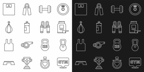 Set line Location gym, Kettlebell, Sports nutrition, Dumbbell, Fitness shaker, Punching bag, Bathroom scales and Jump rope icon. Vector
