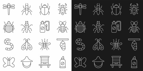 Set line Spray against insects, Butterfly cocoon, Chafer beetle, Mite, Termite, Colorado, Dragonfly and Pressure sprayer icon. Vector