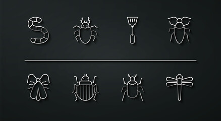 Set line Worm, Clothes moth, Cockroach, Beetle bug, Colorado beetle, deer, Dragonfly and Fly swatter icon. Vector