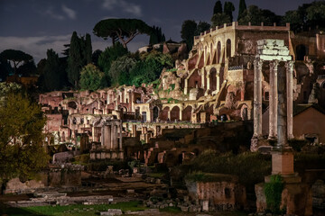 Roman Imperial forums. Ruins. Night shot, selective focus. Rome, Italy