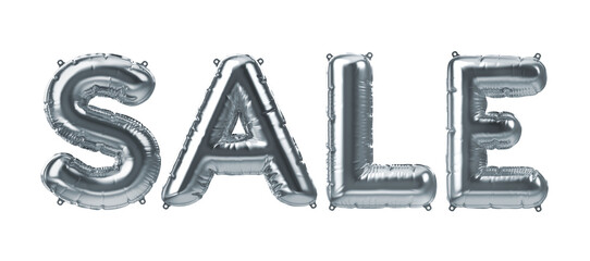 3D Render of silver inflatable foil balloon letters sale. Party decoration element. Black Friday, shopping. Gray word isolated on white background. Graphic element sign for web design