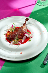 Duck leg confit with red sauce and onions in a plate in bright backgrounds. Selective focus, hard shadows