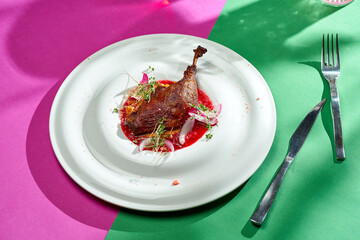Duck leg confit with red sauce and onions in a plate in bright backgrounds. Selective focus, hard shadows