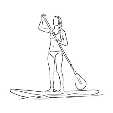 woman paddleboarding black line art