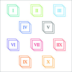 Colorful info-graphic roman numbers can be use to create presentation. Bullet points roman numbers one to ten. Oval shape vector numbers.