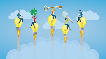 Inspired cooworkers. Flying on light bulb rockets. Vector illustration. Dimension 16:9. © Eva Almqvist