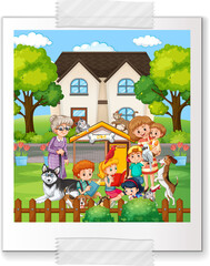 Photo of happy family in cartoon style