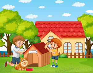 Dad and son building a doghouse together