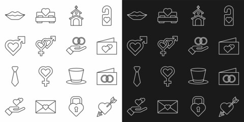 Set line Amour with heart and arrow, Greeting card, Church building, Gender, Heart male gender, Smiling lips and Wedding rings icon. Vector