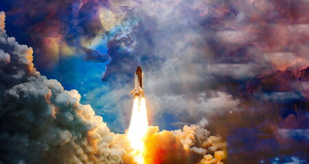 Spaceship flight. Starry sky and blue galactics. View on space shuttle and milky way. Elements of this image furnished by NASA