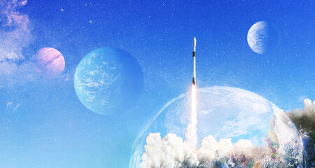 Spaceship flight. Starry sky and blue galactics. View on space shuttle and milky way. Elements of this image furnished by NASA