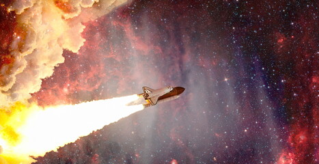 shuttle launch in the clouds to outer space. Dark space with stars on background.Spaceship flight....