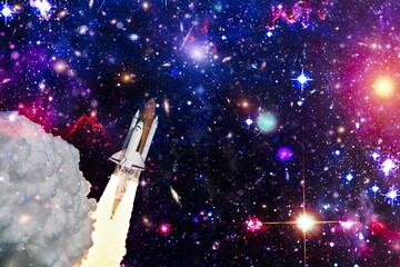 Spaceship in deep space. View on space shuttle and milky way. Elements of this image furnished by NASA