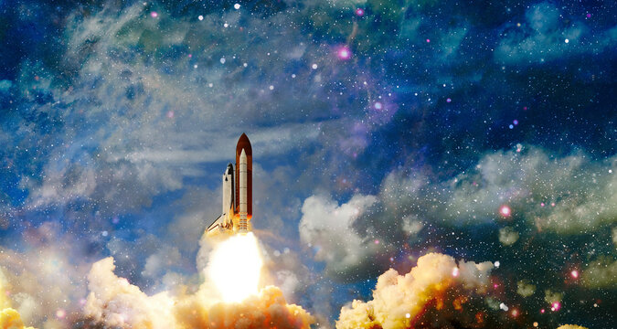 Spaceship flight.Space shuttle launch in the clouds to outer space. Dark space with stars on background.  Elements of this image furnished by NASA
