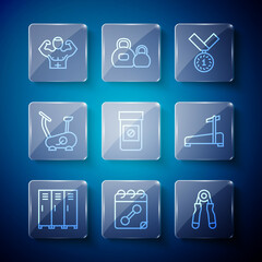 Set line Locker or changing room, Calendar fitness, Sport expander, Medal, Anabolic drugs, Stationary bicycle, Bodybuilder muscle and Treadmill machine icon. Vector