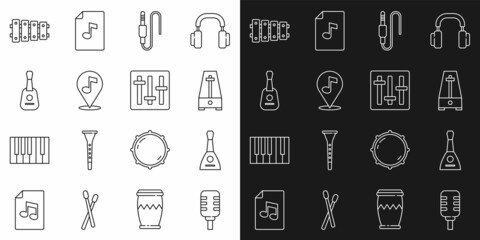 Set line Microphone, Balalaika, Metronome with pendulum, Audio jack, Location musical note, Guitar, Xylophone and Sound mixer controller icon. Vector - obrazy, fototapety, plakaty