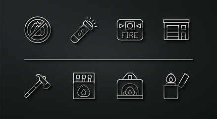Set line No fire, Firefighter axe, Building of station, Interior fireplace, Matchbox and matches, Flashlight, Lighter and alarm system icon. Vector